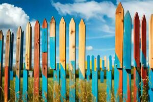 a colorful fence with wooden poles. AI-Generated photo