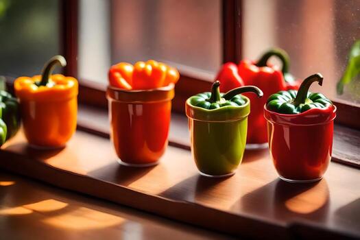 a row of colorful peppers in small pots on a window sill. AI-Generated photo