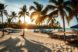 un playa con palma arboles y paraguas a puesta de sol. generado por ai foto