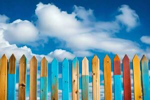 colorful wooden fence against a blue sky. AI-Generated photo