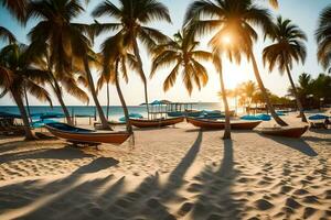 un playa con palma arboles y barcos en el arena. generado por ai foto