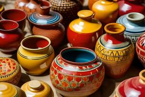 many colorful vases are displayed on a table. AI-Generated photo