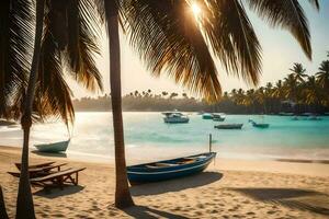 a boat sits on the beach near palm trees. AI-Generated photo