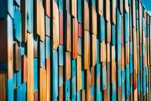 colorful wooden wall with blue sky background. AI-Generated photo