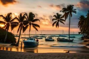 boats are docked on the beach at sunset. AI-Generated photo