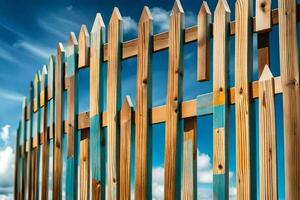 a wooden fence with blue sky in the background. AI-Generated photo