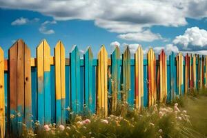 a colorful wooden fence with flowers and sky in the background. AI-Generated photo