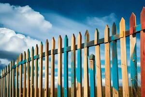 a fence with colorful wooden posts against a blue sky. AI-Generated photo