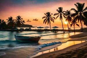 a boat sits on the beach at sunset with palm trees. AI-Generated photo