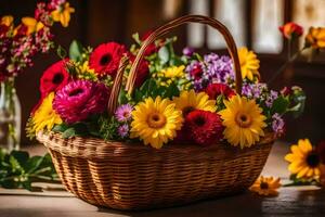 a basket filled with colorful flowers on a table. AI-Generated photo