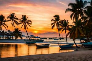 a beautiful sunset over the ocean with boats and palm trees. AI-Generated photo