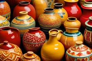 many colorful vases are displayed in a row. AI-Generated photo