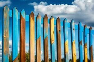 a wooden fence with blue and yellow paint. AI-Generated photo