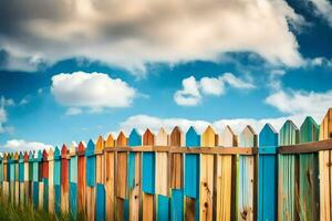 a colorful wooden fence with blue sky and clouds. AI-Generated photo