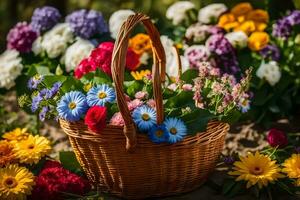 a basket full of flowers on the ground. AI-Generated photo