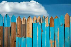 a wooden fence with blue paint on it. AI-Generated photo