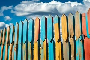 a colorful fence with blue sky and clouds. AI-Generated photo