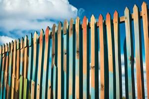 a colorful fence with a blue sky in the background. AI-Generated photo