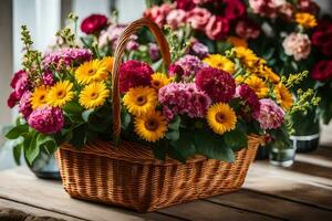 un cesta lleno con vistoso flores en un de madera mesa. generado por ai foto