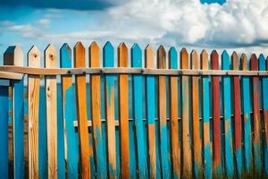 un vistoso de madera cerca con azul cielo en el antecedentes. generado por ai foto