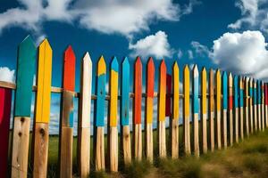 a colorful fence with many different colored wooden posts. AI-Generated photo