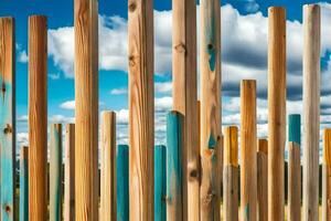 a wooden fence with many different colored poles. AI-Generated photo