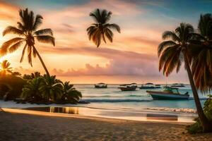 a beautiful beach with palm trees and boats at sunset. AI-Generated photo