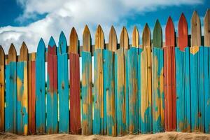 a colorful wooden fence with blue sky in the background. AI-Generated photo