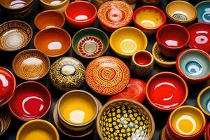 a large collection of colorful bowls and plates. AI-Generated photo