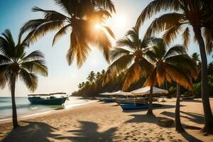 a beach with palm trees and boats on the water. AI-Generated photo
