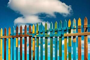 a colorful fence with a blue sky in the background. AI-Generated photo