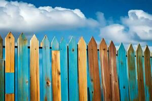 a wooden fence with blue, green and brown paint. AI-Generated photo