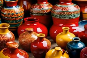 many colorful vases are displayed in a row. AI-Generated photo