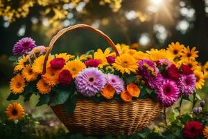 vistoso flores en un cesta en el jardín. generado por ai foto