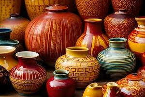 many colorful vases are displayed on a table. AI-Generated photo