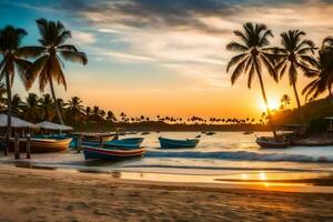 barcos en el playa a puesta de sol. generado por ai foto