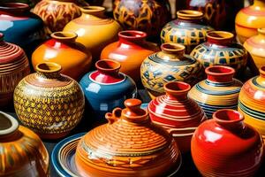 many colorful pottery vases are displayed on a table. AI-Generated photo