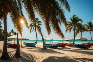 palm trees line the beach and boats are parked under them. AI-Generated photo