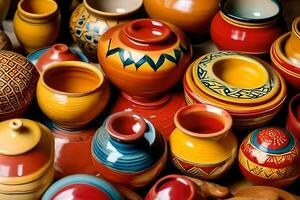 many colorful pottery vases are displayed in a display. AI-Generated photo