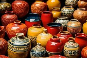 many colorful vases are displayed in a display. AI-Generated photo