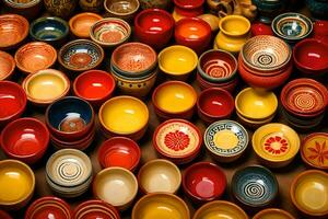 colorful bowls and plates are arranged in a row. AI-Generated photo