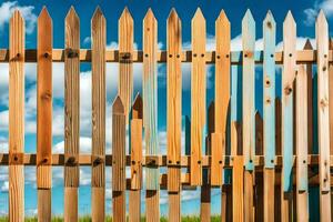 a wooden fence with blue sky and grass. AI-Generated photo