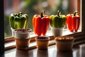 a row of peppers in pots on a window sill. AI-Generated photo