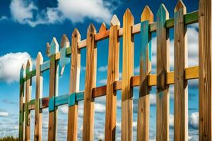 a wooden fence with colorful wooden posts. AI-Generated photo