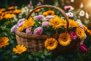 basket of flowers in the garden. AI-Generated photo
