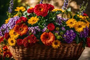 a basket filled with colorful flowers on a table. AI-Generated photo