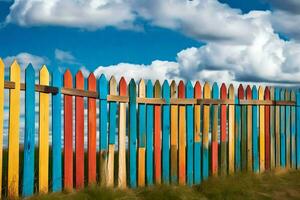 a colorful fence with blue sky and clouds. AI-Generated photo