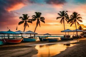 boats on the beach at sunset. AI-Generated photo