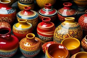 many colorful vases are displayed in a display. AI-Generated photo