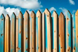 a wooden fence with blue sky and clouds. AI-Generated photo